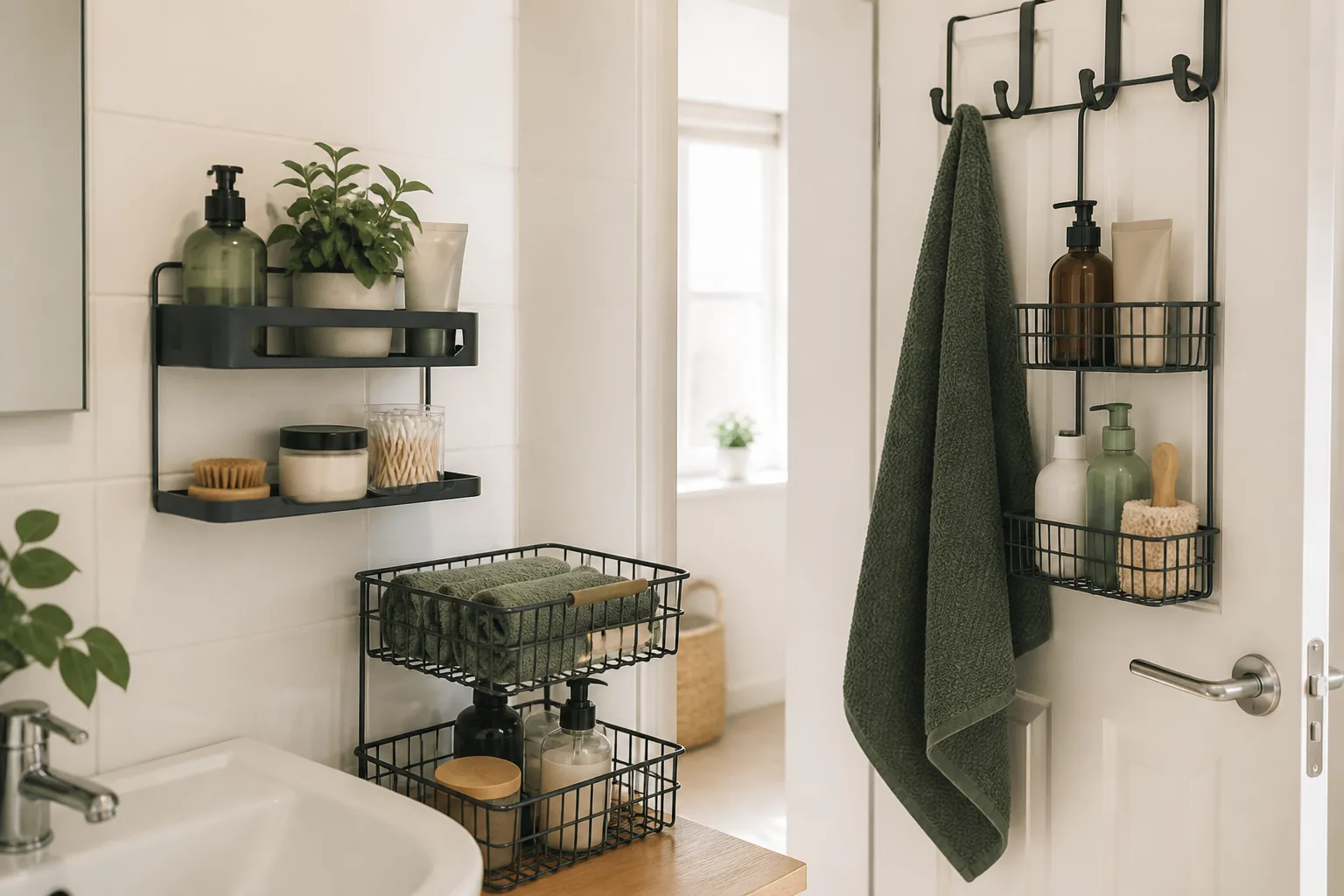 A bathroom with no-drill shelves and over-door storage.