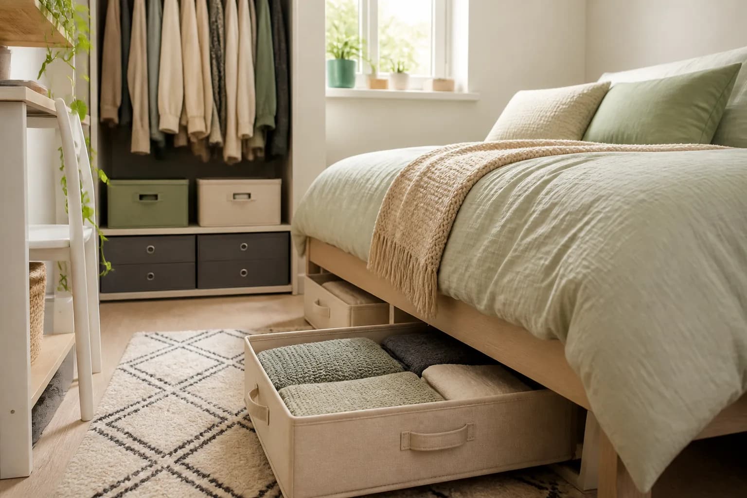 A small bedroom with wardrobe storage and under-bed boxes.