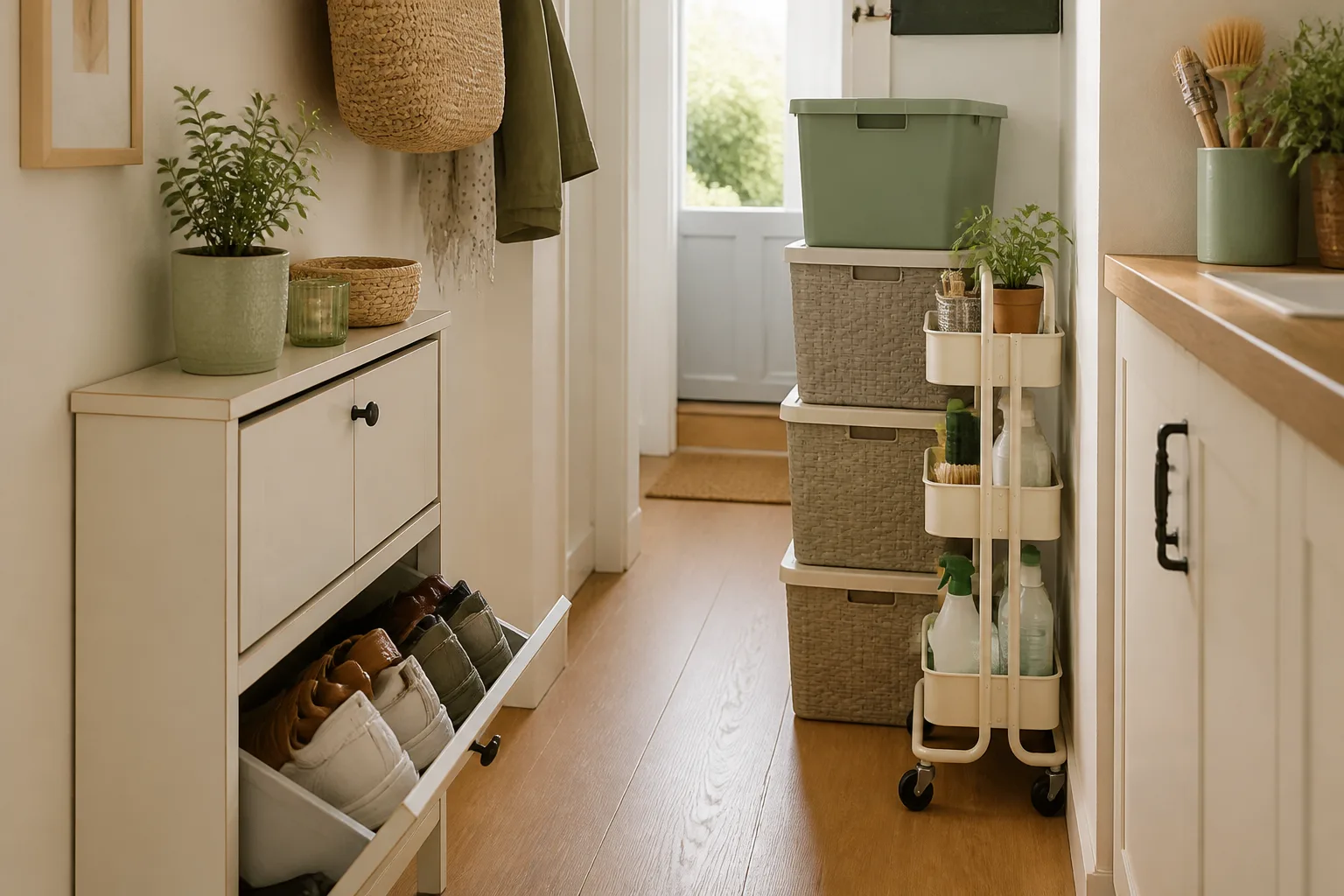A narrow utility space with slim storage and baskets.
