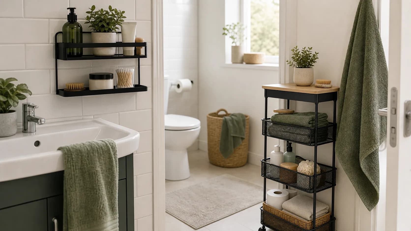 A small bathroom with no-drill shelves and slim freestanding storage.