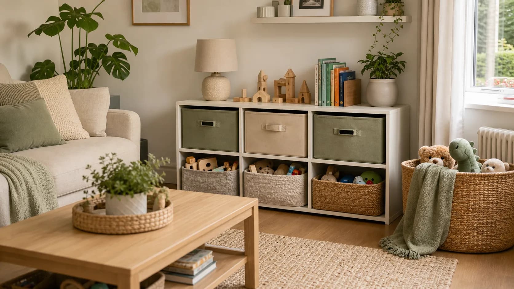 A small living room with fabric cubes and baskets for toy storage.