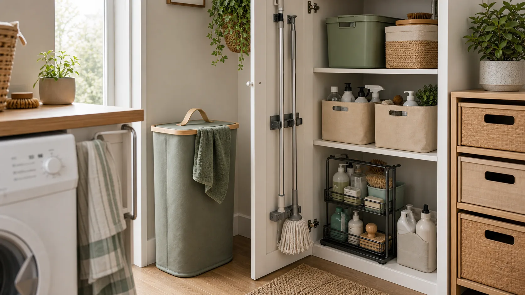 A compact utility area with laundry and cleaning storage.