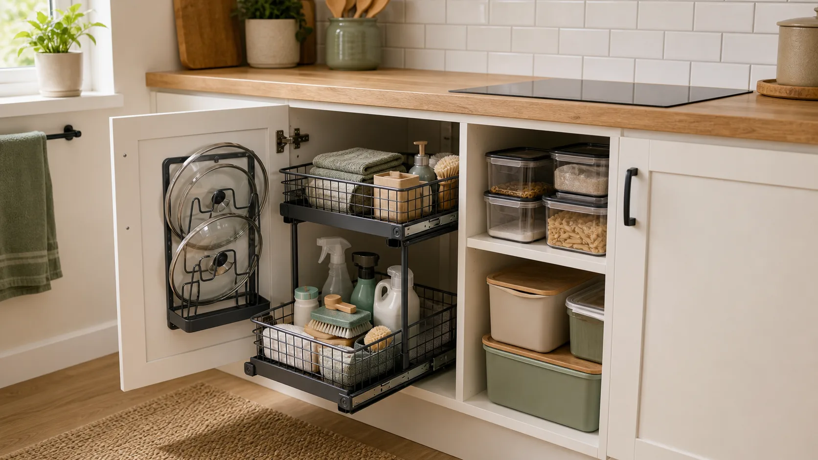 An organised kitchen cupboard with pull-out baskets and pan lid storage.